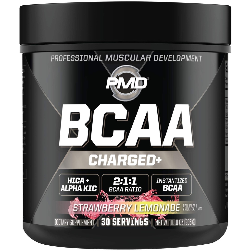 PMD Sports BCAA Charged Amino Acid Mix for Performance, Recovery, Endurance, and Hydration - Meningkatkan Fungsi Muscle untuk Kerja dan Energi Harian - Limun strawberry (30 Servings)