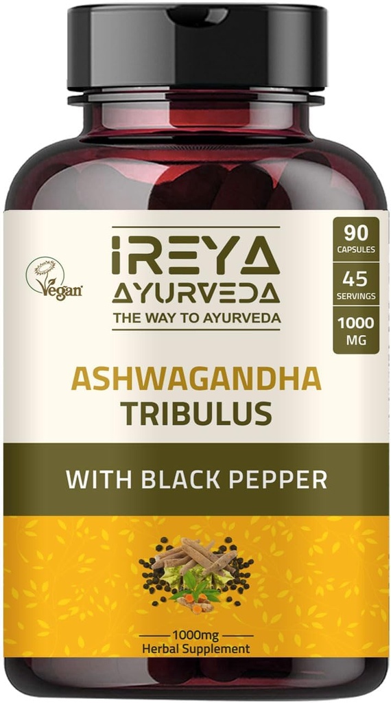 Ashwagandha Capsules Organic 1000mg (90 Capsules) Dibuat dengan Tribulus Terristris, Shatavari dan Black Pepper Organic Ingreations 124; 45 Days Supply