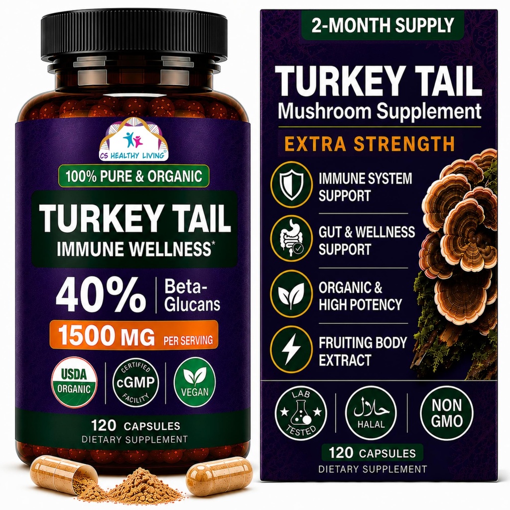 CANCER SCIENCES Turkey Tail Wellness Mushroom Supplement, USDA Certified Organic Extract 1.500 mg, High Potency 40% Beta- Glulans, Gut & Imune Dupport, Natural Digetives, 120 Capsules