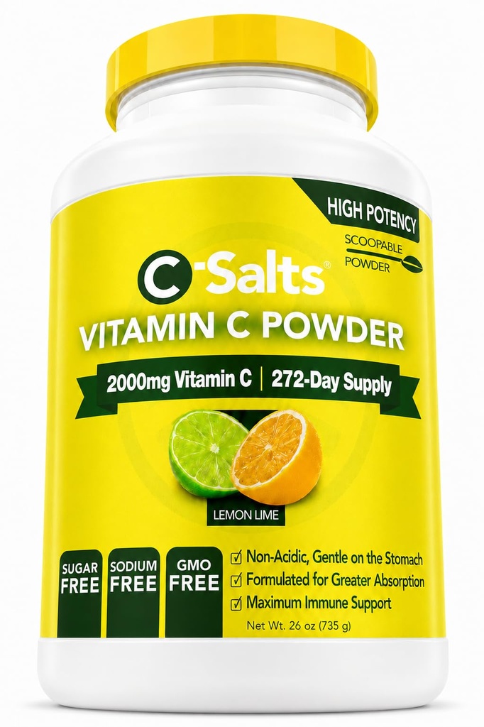 C-Salts Vitamin C Powder Tambahan - 100% Murni Tinggi Dose Buffered Vitamin C Powder untuk Dukungan Imune - Organik, Sugar- Bebas, Vegan, Non- GMO, Stoach- Friendly, Lemon Lime 26oz