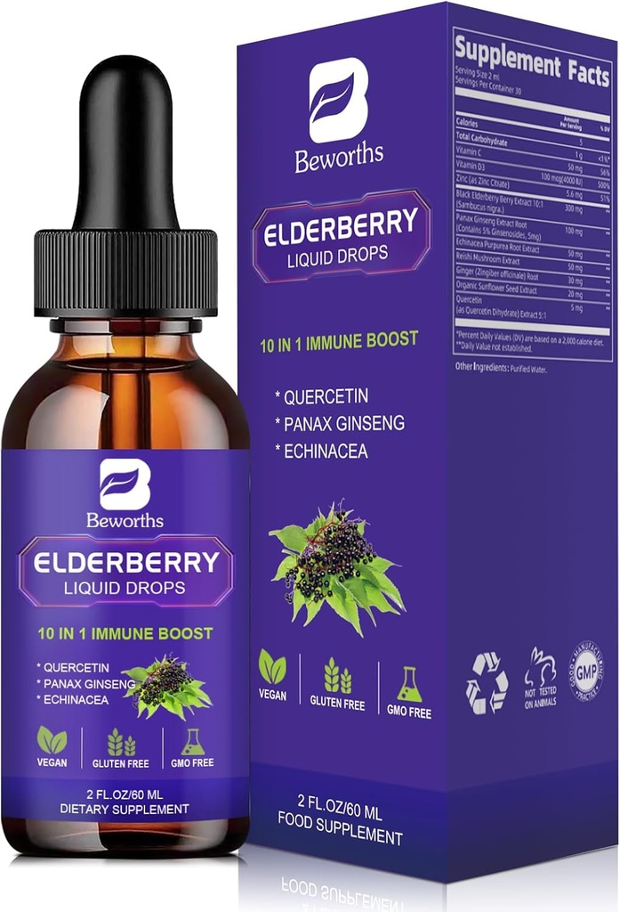 Elderberry Syrup 124; Quercetin Black Elderberry Liquid Drop dengan Quercetin, Panax Ginseng untuk Dukungan Imune 124; Sambucus Elderberry dengan Vitamin C dan Zinc, D3 124; Vegan 124; Non-GMO 124; Asli