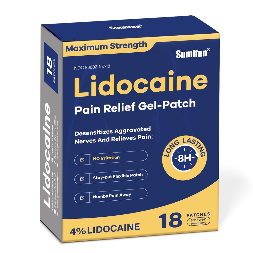 Sumifun 4% Lidocaine Pain Relief Patch - OTC Maksimal Kekuatan - Fleksible & Long- Lasting, 18- Count Lidocaine Patch for Back, Neck, Muscle, Gabungan Pain Patch
