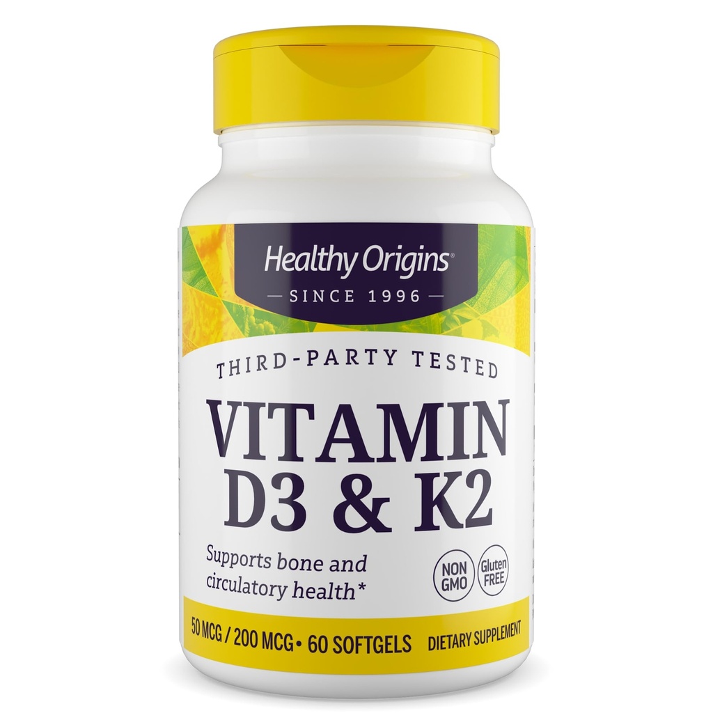 Origin sehat Vitamin D3 & K2 - Vitamin D3, 50 mcg - Vitamin K2, 200 mcg - Easily Absorbable Vitamin D & Vitamin K Suplemen - Nor-GMO & Gluten- Free Suffgels - 60 Softgeels