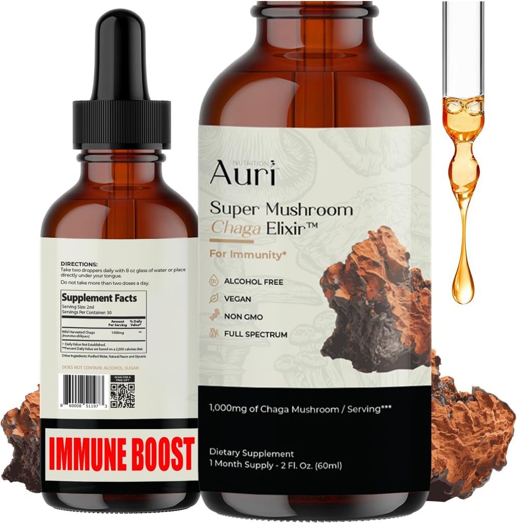Auri Super Chaga Elixir - Mushroom Superfood Liquid Suplement Suplement Suplemen Auri Superspectrum Dukungan dari Oxidative Stress dan Energi Lift - Chaga Tincture 60ml