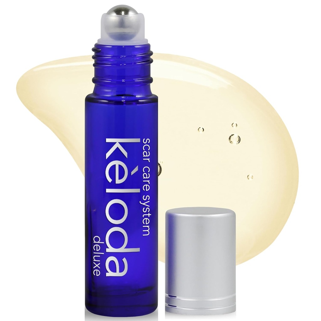 KELODA Deluxe Scar & Keloid Removal Oil & Massager, 0.33 oz 124; Untuk pengobatan dari Skills Bedah dan Stricing Keloid, Acne, Burns 124; Dengan Coconut, Shea, Turmeric, Lavender, Heechrysum Oil dan Vitamin