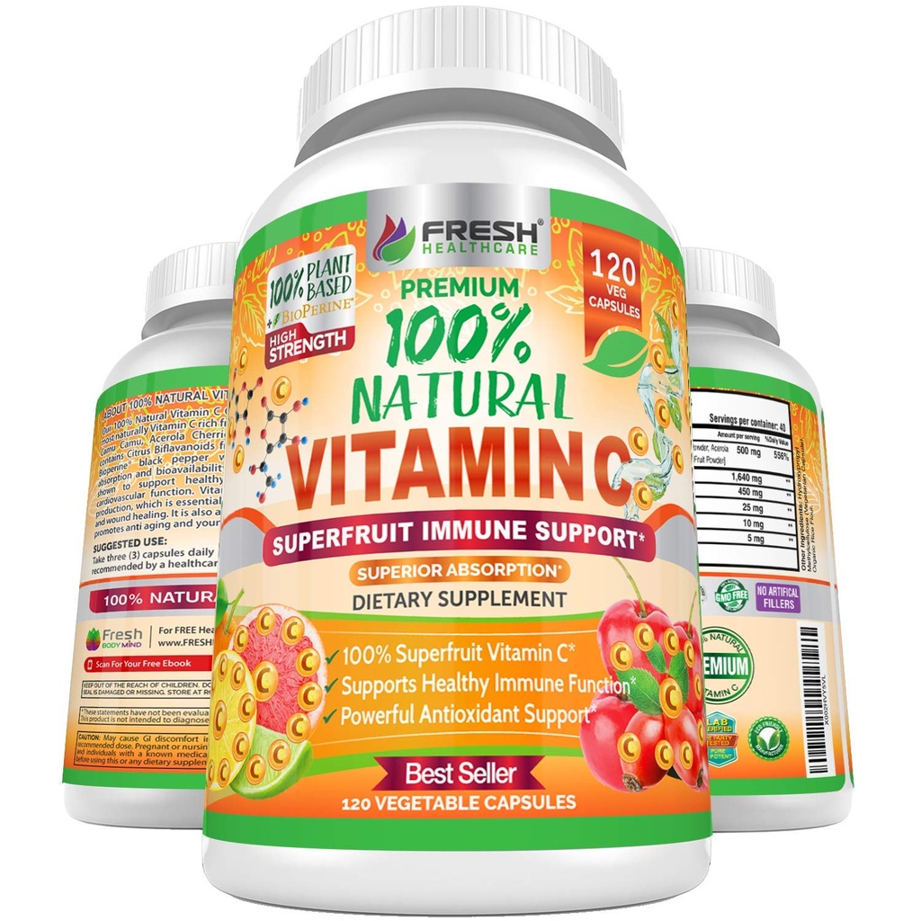 Layanan Kesehatan Segar 100% Vitamin Alam C - 500mg dari Rose HIPS, Acerola Cherry & Camu - Dukungan Absorpsi Tinggi, Skin, Gabungan & Collagen Booster dengan Citrus Bifezonoid - 120 Capsules