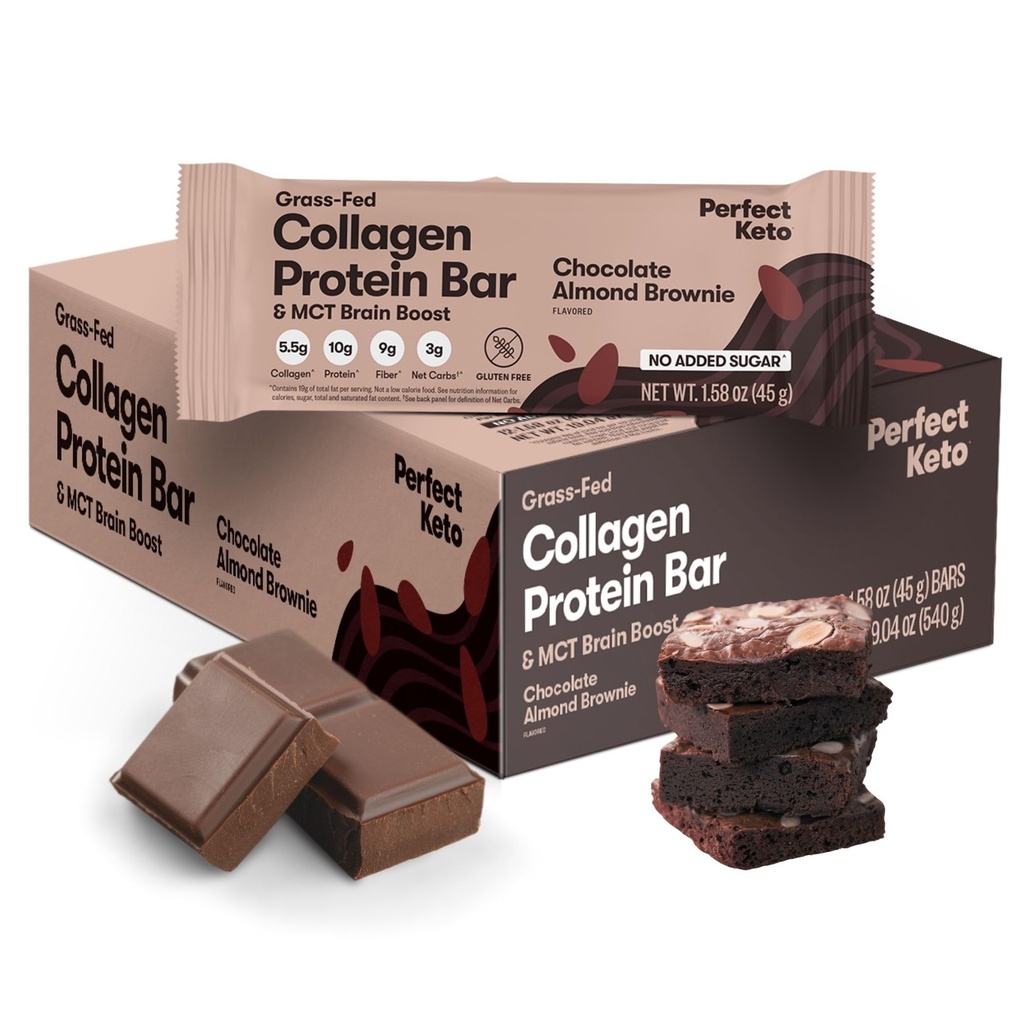 Sempurna Keto Bars - The Cleanest Keto Snacks dengan Collagen dan MCT. Tanpa gula ditambahkan, Keto Diet Friendly - 3g Net Carbs, 19g Fat, 10g protein - Diet Food Dessert (Almond Butter Brownie, 12 Bars)