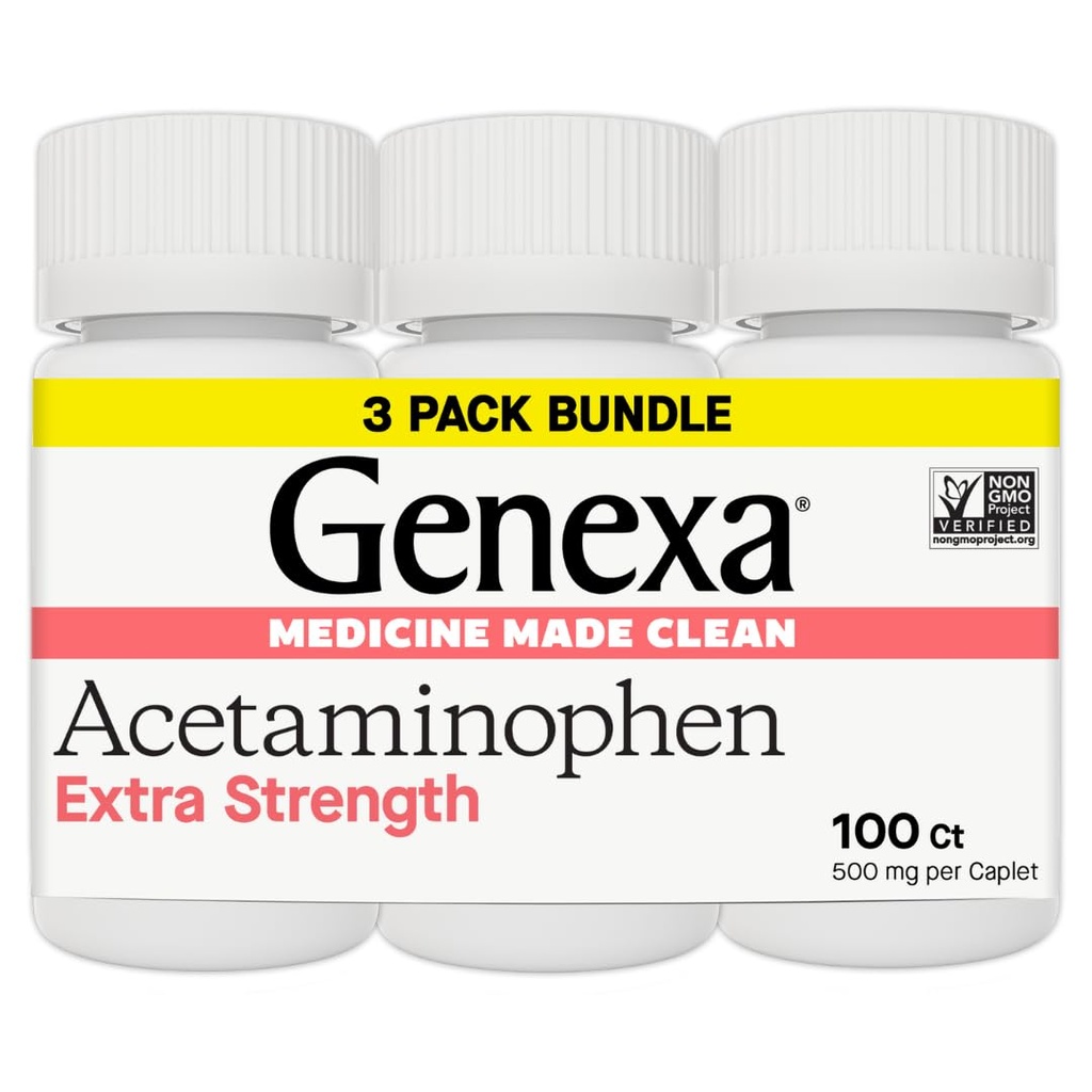 Genexa Clean Acetaminofhen 500mg Ekstra Kekuatan, Dye Free Pain Reliever Fever Reducer, 0% Artificial Addictive, Obat Sakit untuk Dewasa, Relieves Headache, Minor Arthritis Pain, 300 Tablet