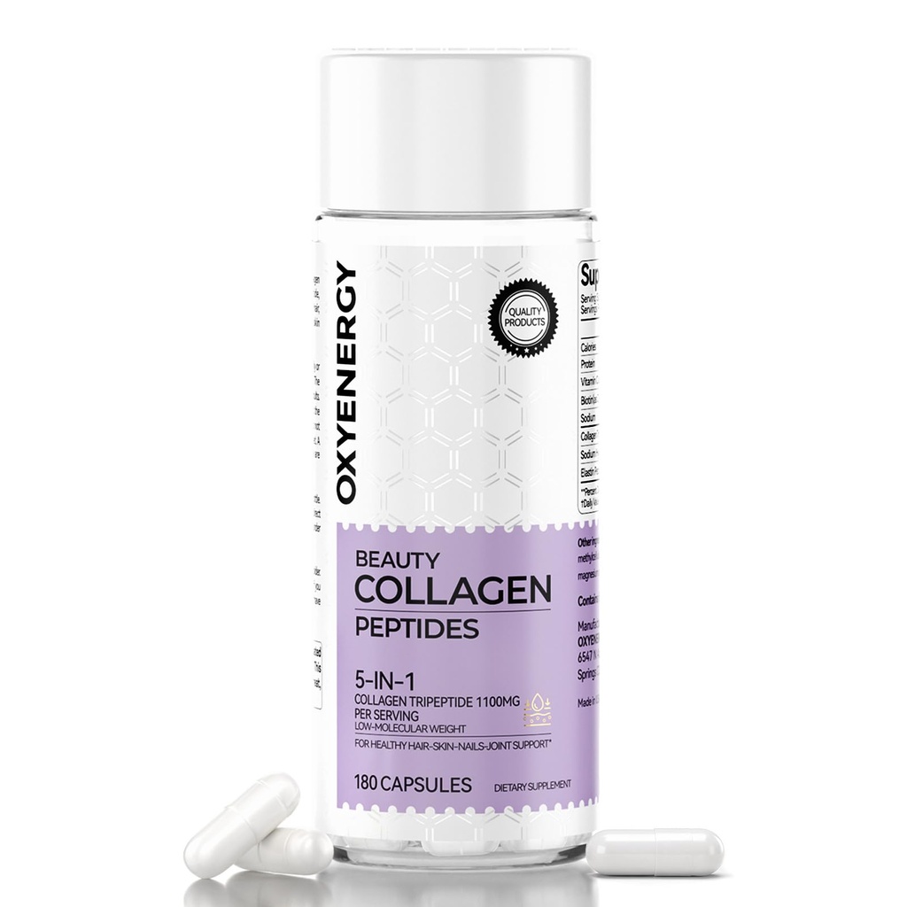 OxyEnergy Collagen Peptides Capsules for Women, 11100mg Hydrolyzed Tripeptides (Tipes I) Suplemen dengan Biotin dan Vitamin C, 180 Collagen Pills untuk Promodes Rambut, Nail, Skin, 2 Bulan Supply