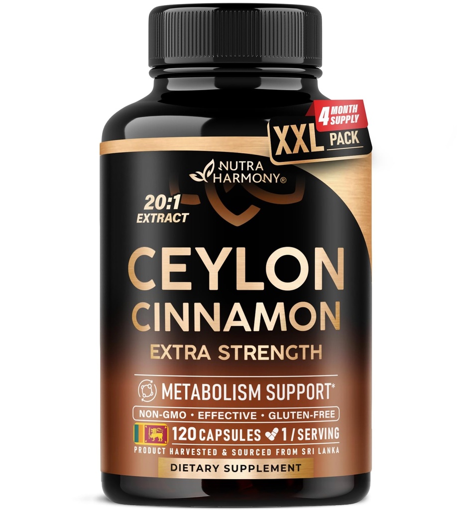 Ceylon Cinsules Capsules - Ekstra Kekuatan - Energi, Jantung & Metabolisme Dukungan - untuk Pria & Perempuan - Ekstrak Alam Murni 20: 1 Tambahan - Dibuat di AS - GMO & Gluten Bebas, 120 Katup, 4 Bulan Suppply