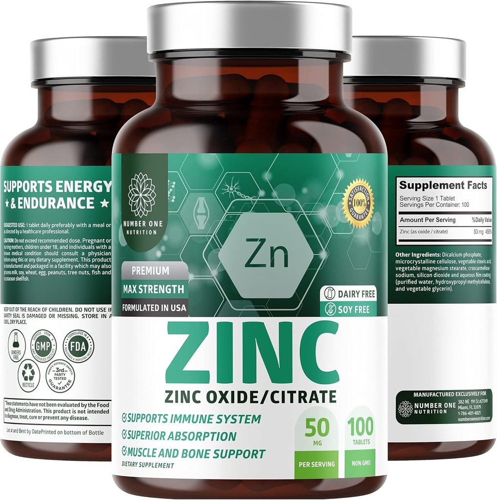 N1N Premium Zinc 50mg [3X absorpsi, Vegan] All Natural Zinc Oxide and Citrate Supplemen untuk Imune Dukungan, Skin Health dan Divalry Lebih Baik, 100 Tablet