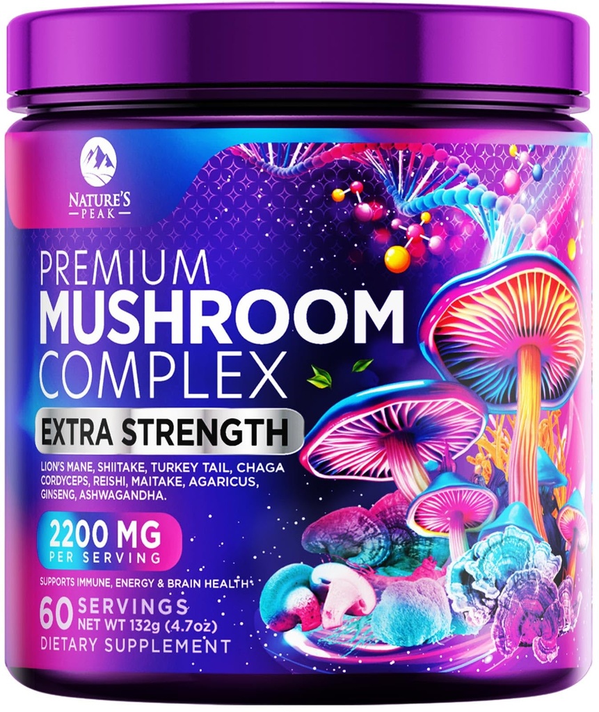 Mushroom Suplemen 2200mg - 11 dalam 1 Kompleks Formula Powder dengan Organik Lions Mane, Reishi, Cordyceps, Chaga, Turkey Tashroom Explement for Memory & Brain Support - 60 Servis
