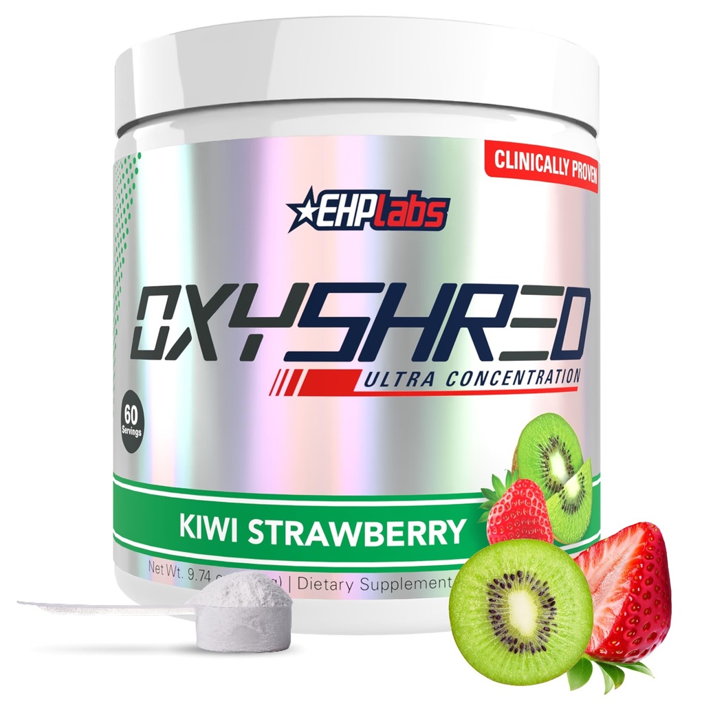 EHP Labs OxyShred Pre Workout Powder - Powder pretraining dengan L Glutamine & Acetyl Carnitine, Energy Boost Drink - Kiwi Strawberry, 60 Servings
