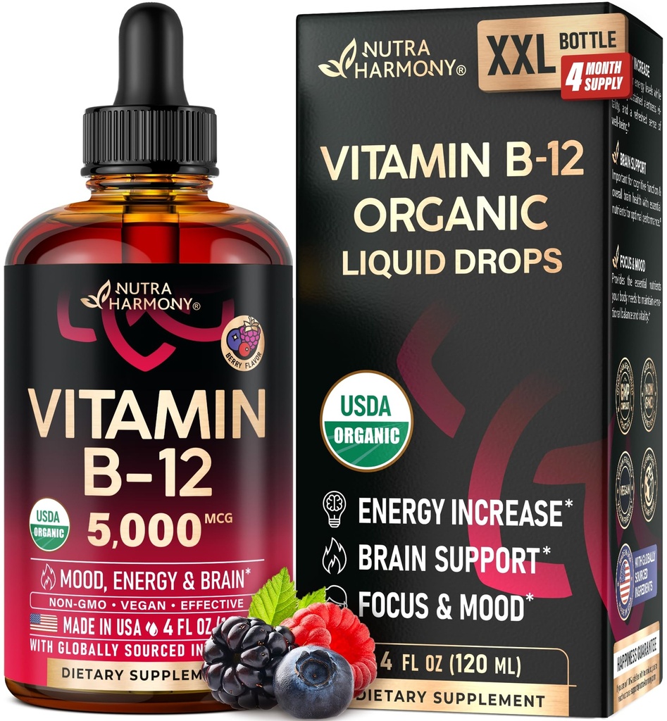 USDA Organik Vitamin B12 Sublingual Drops - 5000 mcg Liquid Vegan Methylcobalamin for Women & Men - Energy Boost, Focus & Mood, Brain Health Support - Maksimalkan Absorpsi - 4 Bulan Suply, 4 fl oz