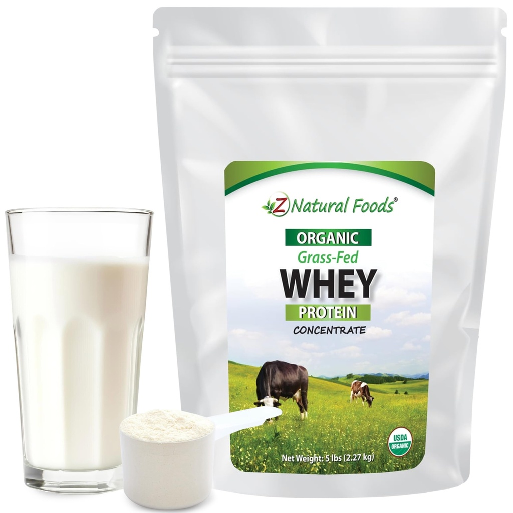 Z Natural Foods Organic Whey Protein Konsentrat - Nutrients-Dese Grass Fed Whein Powder - Cold Processed Pure Whey Protein dengan Escule Amino Acids untuk Nutrition & Fitness, Unflashried, 5 pon