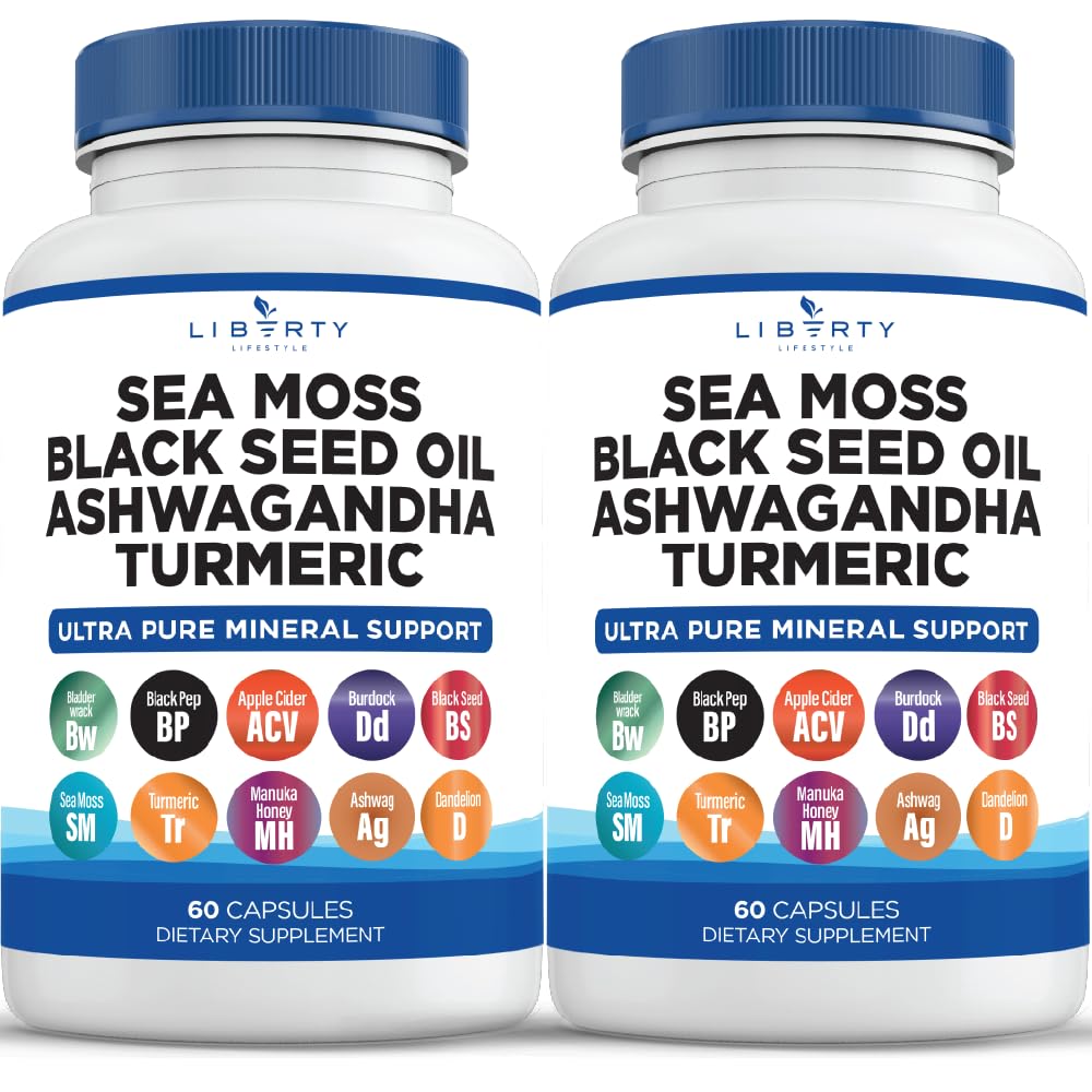 Laut Moss Minyak Benih Hitam Ashwagandha Turmeric Bladdercrack Burdock - dengan Manuka, Madu Dandelion, ACV Black Pepper Gluten Bebas - 2 - Pack