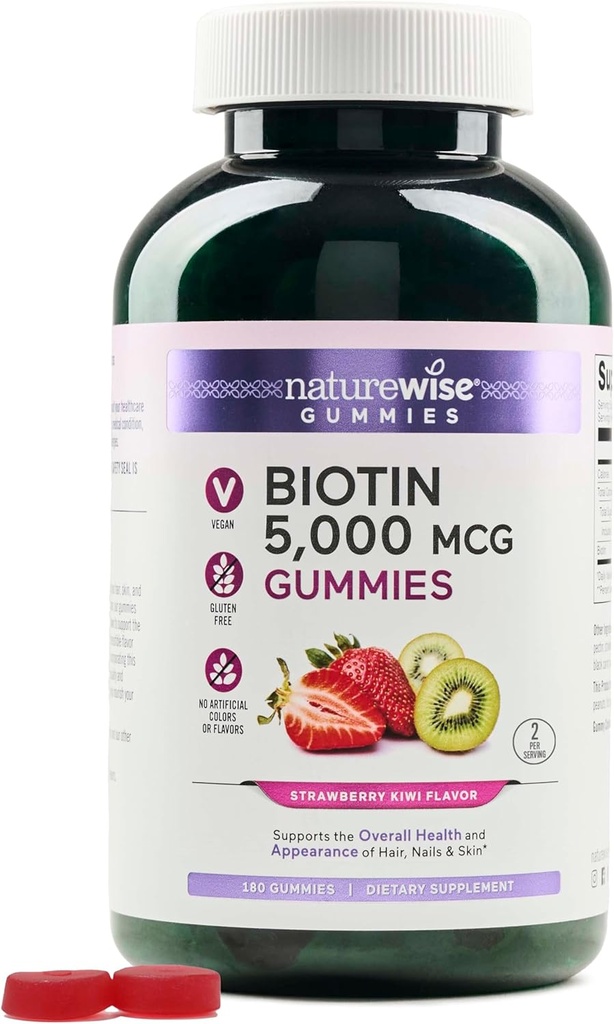 NaturreWise Biotin Gummies - Mendukung Rambut Sehat, Kulit dan Nails Kuat - Vitamin B7 5000mcg - Natural Beauty - Strawberry- Kiwi Flavor - Vegan, Non-GMO, Gluten Free - 180 Count [90 Hari Supply]