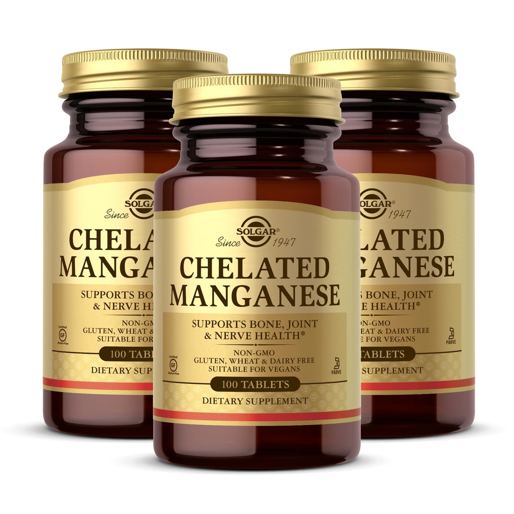 Solgar Chelated Manganese - 100 Tablet, Paket 2 - Support Bone, Joint & Nerve Health - Non-GMO, Vegan, Gluten Free, Dairy Free, Kosher - 200 Total pelayan