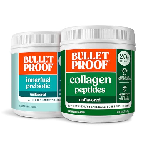 Bulletproof Duo Kit 124; Collagen Peptides Protein Powder untuk Skin, Bones dan Joints - 18g Protein, 17,6 Oz & Innerfuel Prebiotic Powder untuk Gut, Gas Relief, Digetical Health dan Dukungan Imune