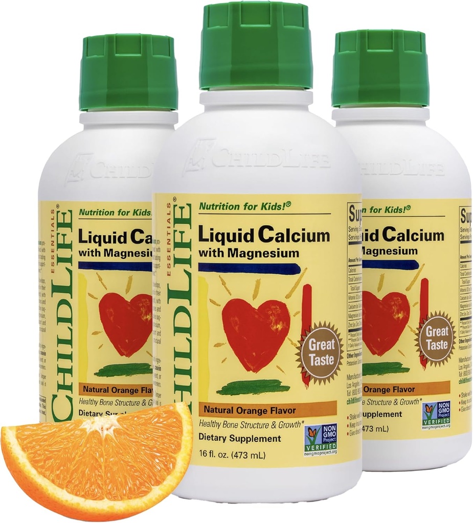 ChildLife Esencials Liquid Calcium Suplement for Kids - Baby Calcium with Magnesium, Zinc, and Vitamin D3 - Orange Flavor, 16 fl oz (3 Pack)