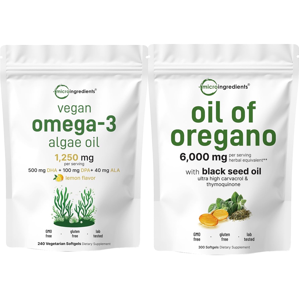 Micro Ingreations Oil of Oregano Softgeels 300 Count & Vegan Omega 3 Algae Oil Bundle 2 Pack 124; Carmoquinone & Thyquinone 124; Full Spectrum Omega-3 Alternatif
