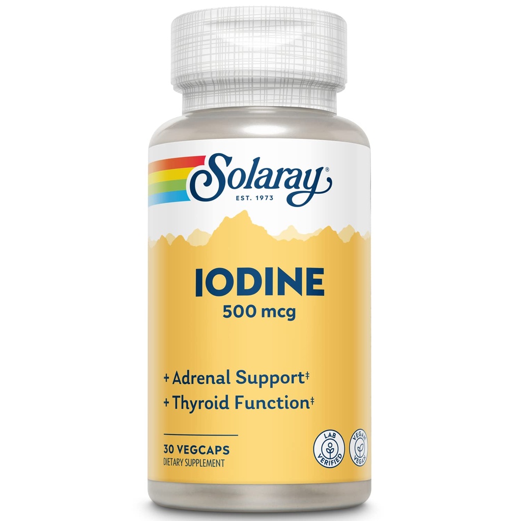 Solaray Iodin 500 mcg, Iodine Suplemen untuk Kesehatan Adrenal dan Thyroid Dukungan, Energi, Metabolisme, dan Fokus, Potasium Iodide, Vegan, 60- Hari Money-Back Jaminan, 30 Hamba, 30 VexCaps
