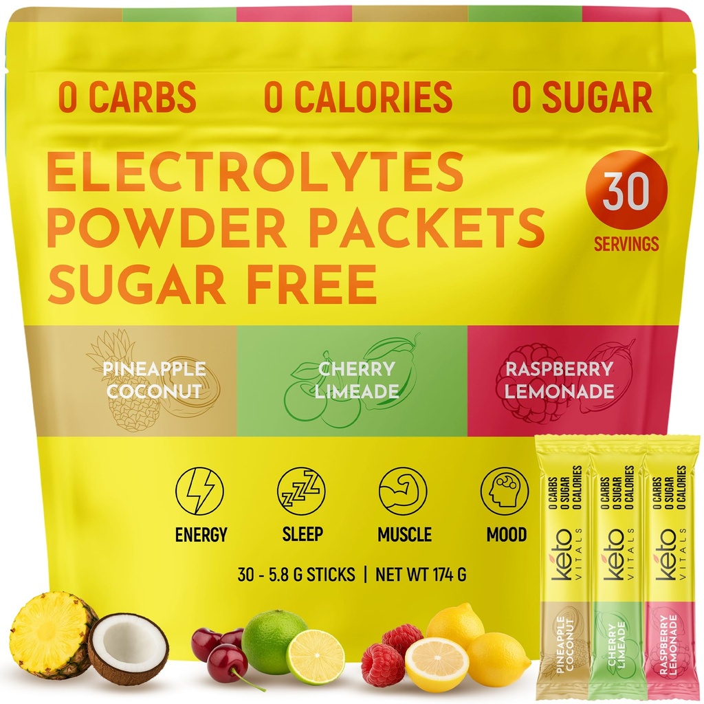 Keto Vital Tropical Keto Electrolytes Powder No Sugar - Electrolytes with Potasium, Magnesium, Sodium, & Kalsium - Sugar Free Electrolite Powder Paket Minum Mix & Hidration Powder, 30 Hamba