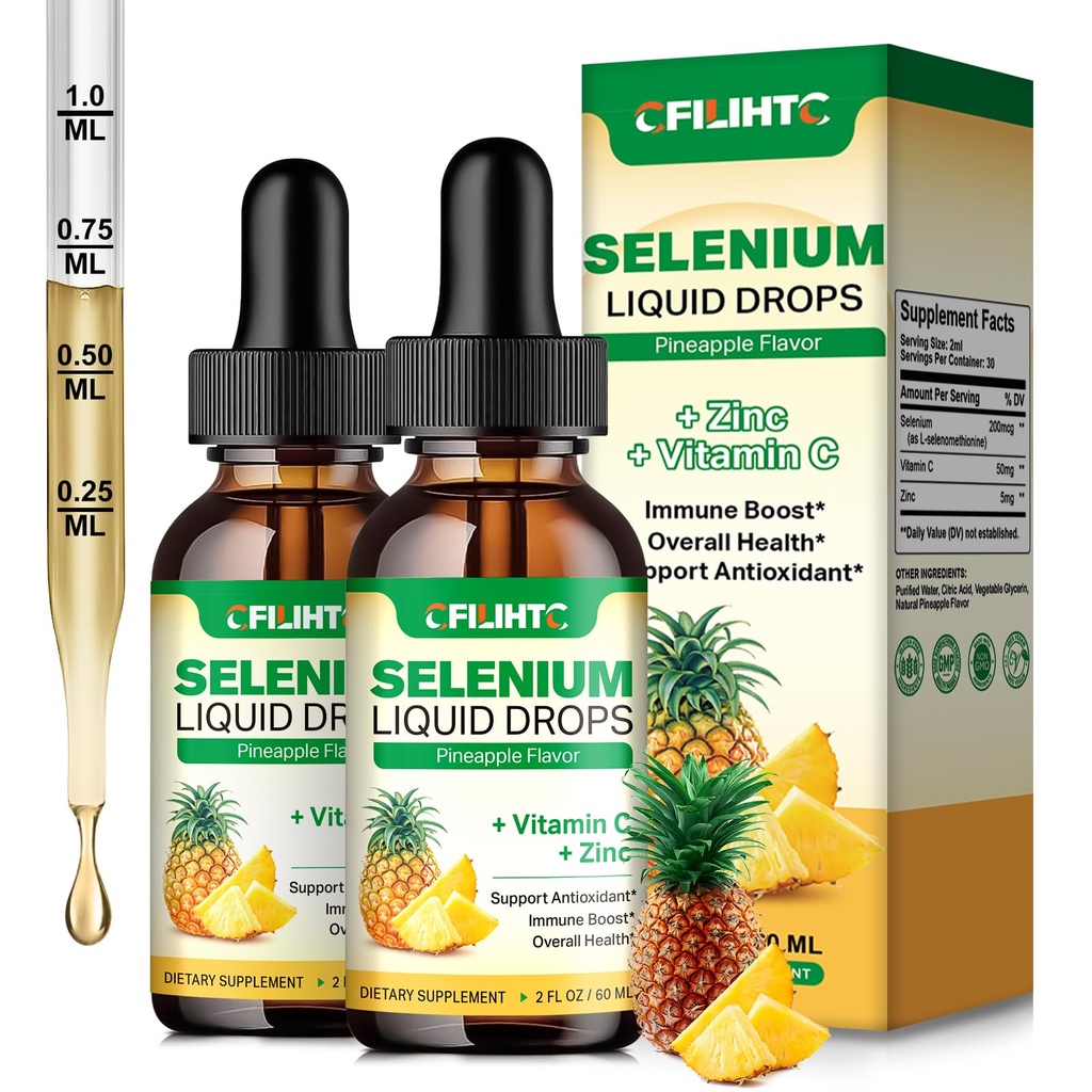 2 Pack Selenium Liquid Drops, 200mcg Liquid Selenium Suplemen dengan Vitamin C & Zinc, Dukungan untuk Sistem Imune, Antioksidant & Heart Kesehatan, Absorpsi Tinggi, Pineapple Flavor