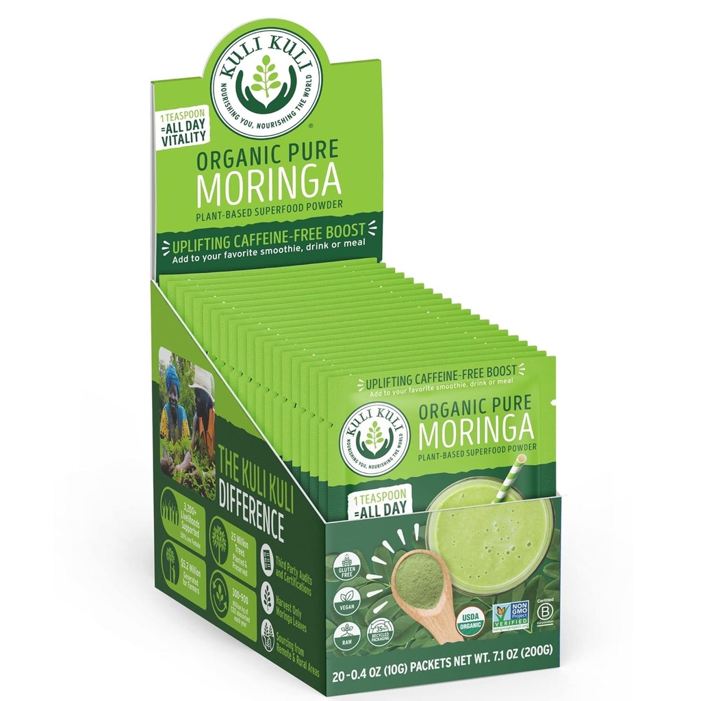 Kuli Kulhi Moringa Oleifera Powder Organik & Green Smoothie, 100% Ugmurni USDA Certifikasi & Non-GMO Moringa Powder, Hebat dengan Smoothies, Tea, dan Food, 0.4 Ounce, Paket 20 (KK _ PM)