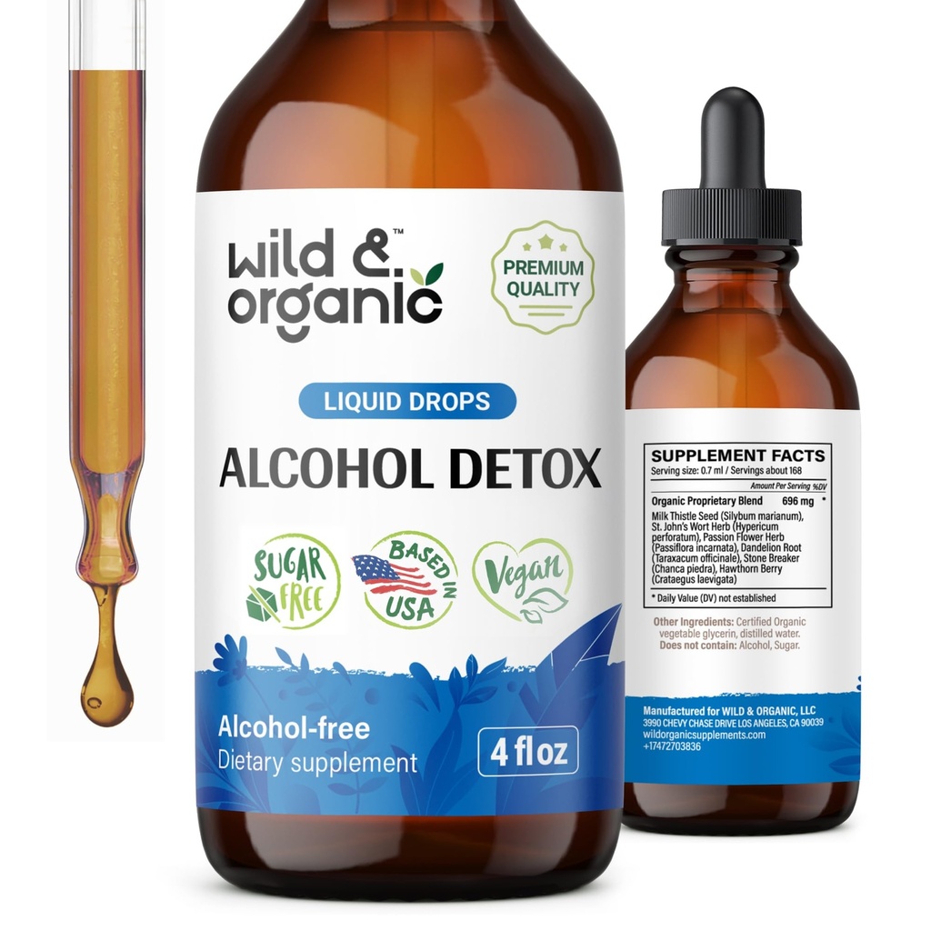 Detox Alkohol Wild & Organic Drops - Liver & Kidney Cleanse with Milk Thistle, Chanca Piedra Stone Breaker - Anti Alkohol Kompleks untuk Detox Cleanse - Vegan, No Sugar & Addlicity - 4 fL oz
