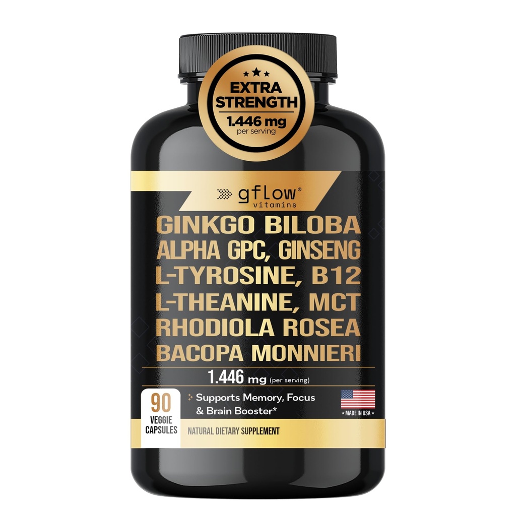 Ginkgo Biloba Alpha GPC Tambahan dengan Panax Ginseng L Tyrosine dengan L Theanine, Bacopa monnieri, Rhodiola Rosea, Phoshatidyserine, B12, MCT, DMAE - Kompleks 124; Dibuat di USA