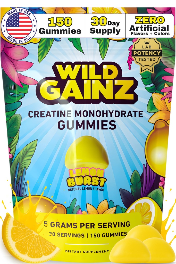 Creatine Monohydrate Gummies for Men & Women 5000mg - Made in USA, Potency Test, Vegan, Supports Muscle Growth, Strolitive & Cognitive Fungsi, Non- Gluten- Free Lemon Flavored Creatine 150 Chews