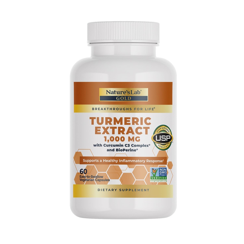 Nature 's Lab Turmeric Extract with Curcumin C3 & BioPerine 1000mg - Promotes Cardiovaskular, Ditrable and Immune Health - 60 Capsules (30 Hari Supply)