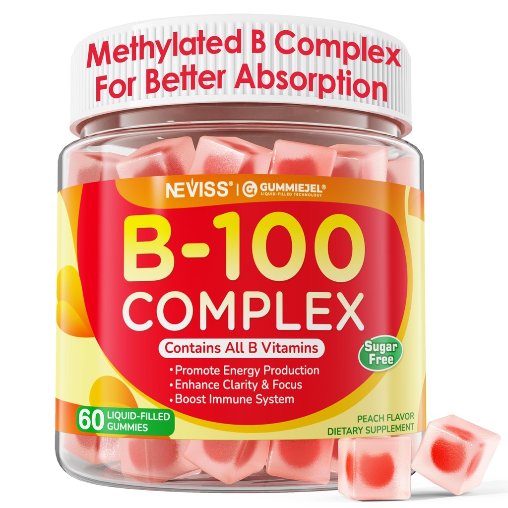Super Vitamin B Kompleks Gummies - Semua B Vitamin Inosil B12, B1, B2, B3, B5, B6, Biotin, Methylfolat dengan Vitamin C, Choline, Inosiol, PABA for Energy, Brain & Imune Dukungan, Sugar Free