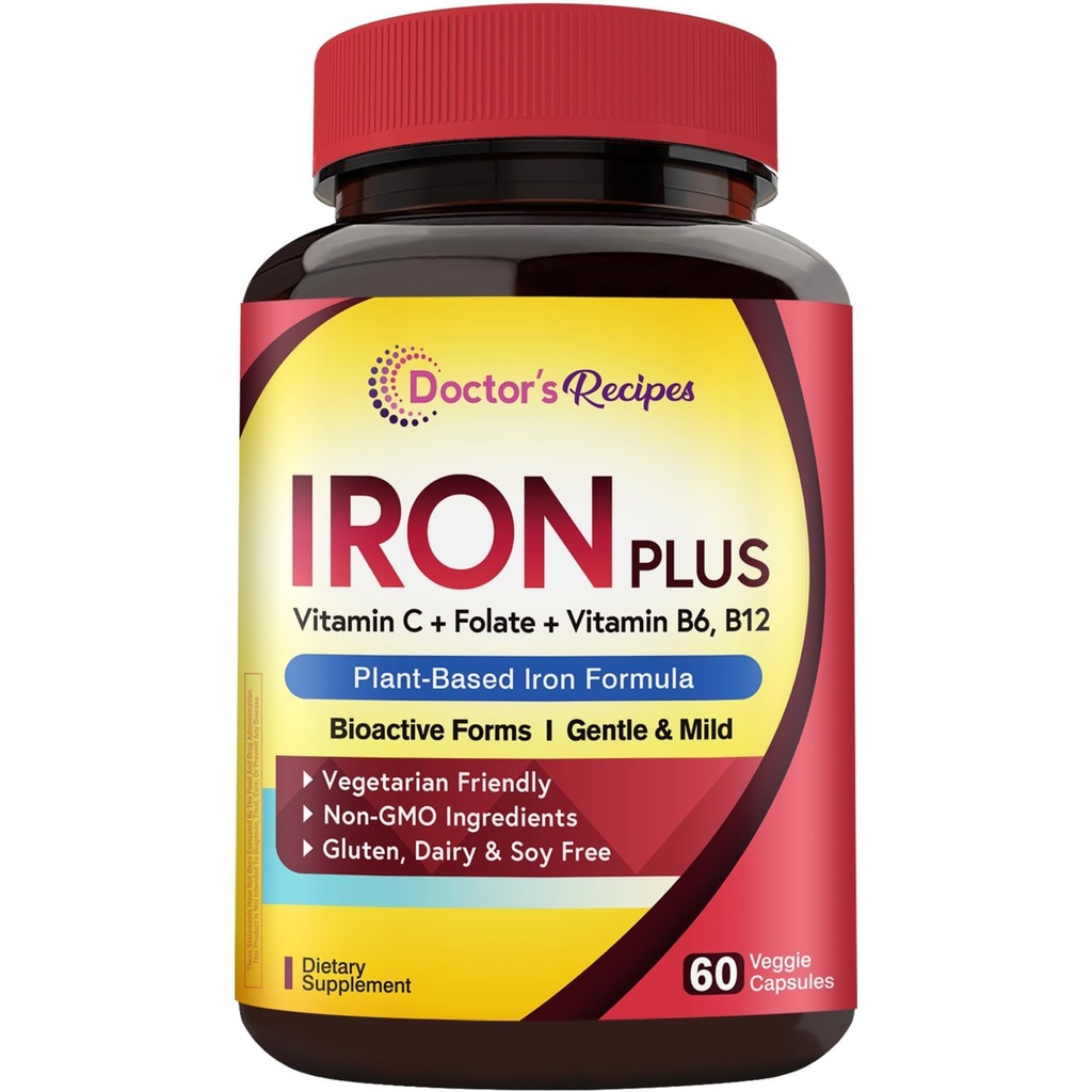 Dokter 's Recepes Iron Supplement, Iron Bisglycinate dengan Vitamin C, B6, Flolate & B12, Non-Constipating, Stomach Friendly, Gentle Iron Dolls for Iron Deficiency, Blood & Energy Support, 60 Vegan Caps