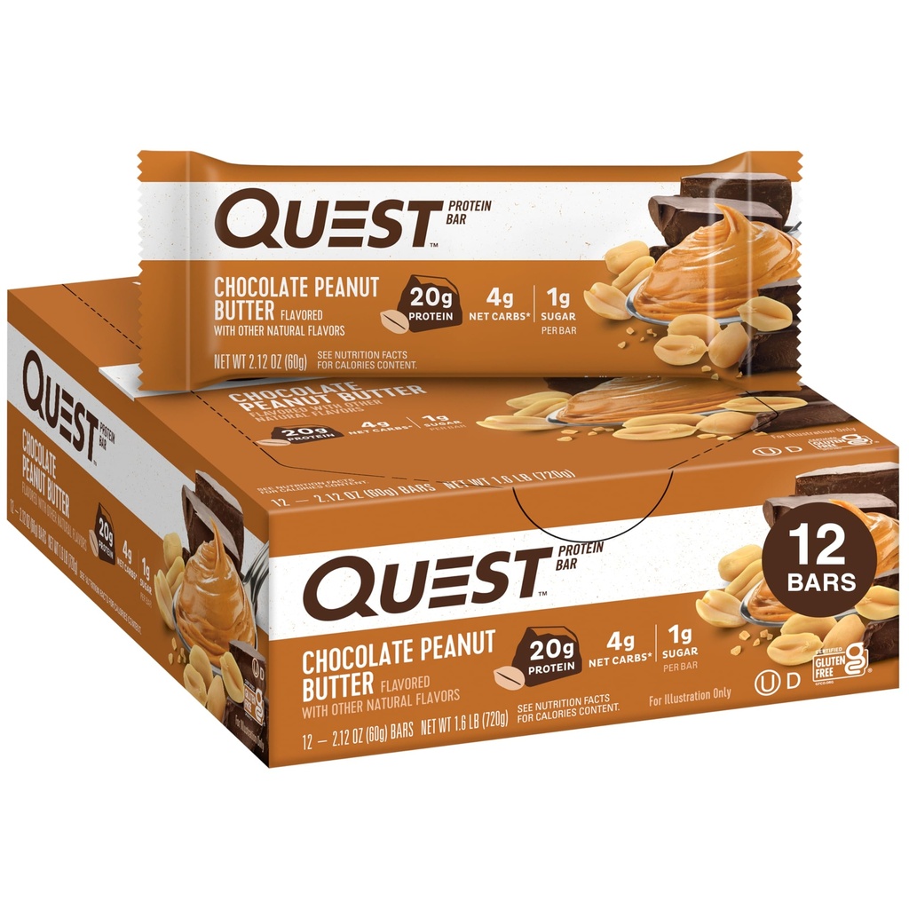 Chocolate Peanut Butter Bars Quest, 20g Protein, 1g Sugar, 4g Net Carb, Gluten Free, Keto Friendly, 12 Count