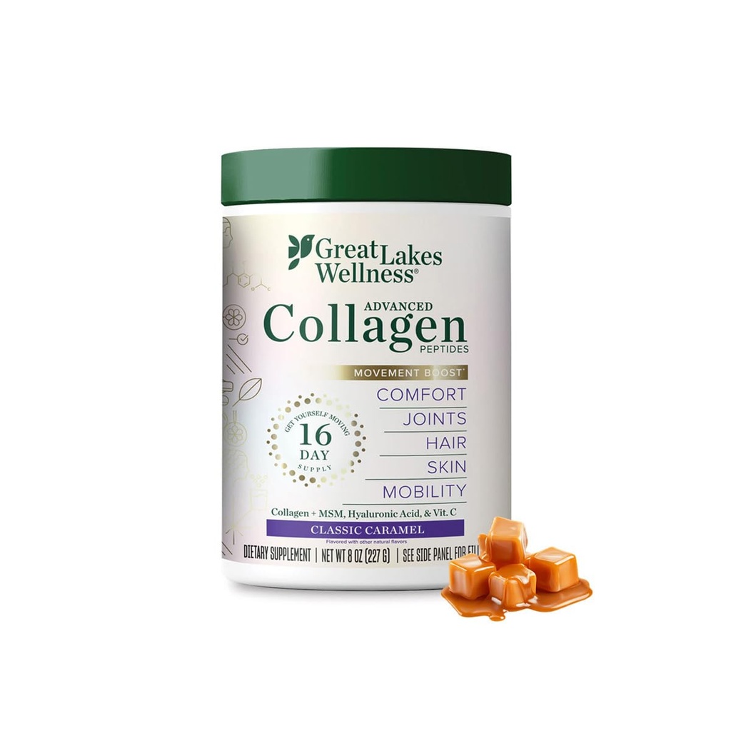 Great Lakes Wellness Movement Boost Advanced Peptides Powder with MSM, Hyaluronic Acid, Vitamin C - Gabungan Mobility & Comfort - Caramel Flavored - Non-GMO, Keto, 8 oz