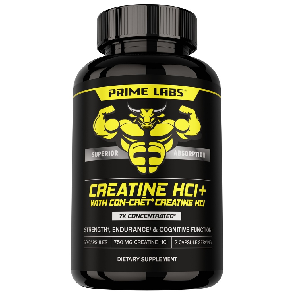 Prime Labs Creatine HCI Capsules - dengan CON-CRIFT, Ekstrak Root Rhodiola, & L-Theanine - Dukungan Otot, Endurance, Fungsi Kognitif - untuk Pria & Perempuan - 60 Pil