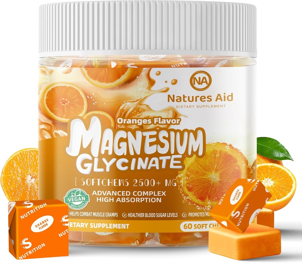 Magnesium Glycinate Soft Chews Suplement, Chewable Sugar Free Potasium Magnesium Chews with Magnesium Glycinate, Vitamin D, B6, and CoQ10 for Calm Dupport & Sleep for Dewasa, 60 Days Supply- Orange