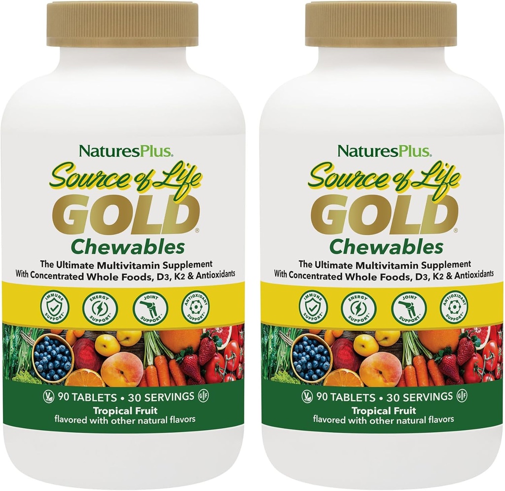 NaturesPlus Source of Life Gold Multivitamin - 90 Chewable Tablet, Paket 2 - with Vitamin D3, B12, K2 & More than 120 Whole Foods - Blood, Bone & Imune Dukung - Gluten Free - 60 Total Servings