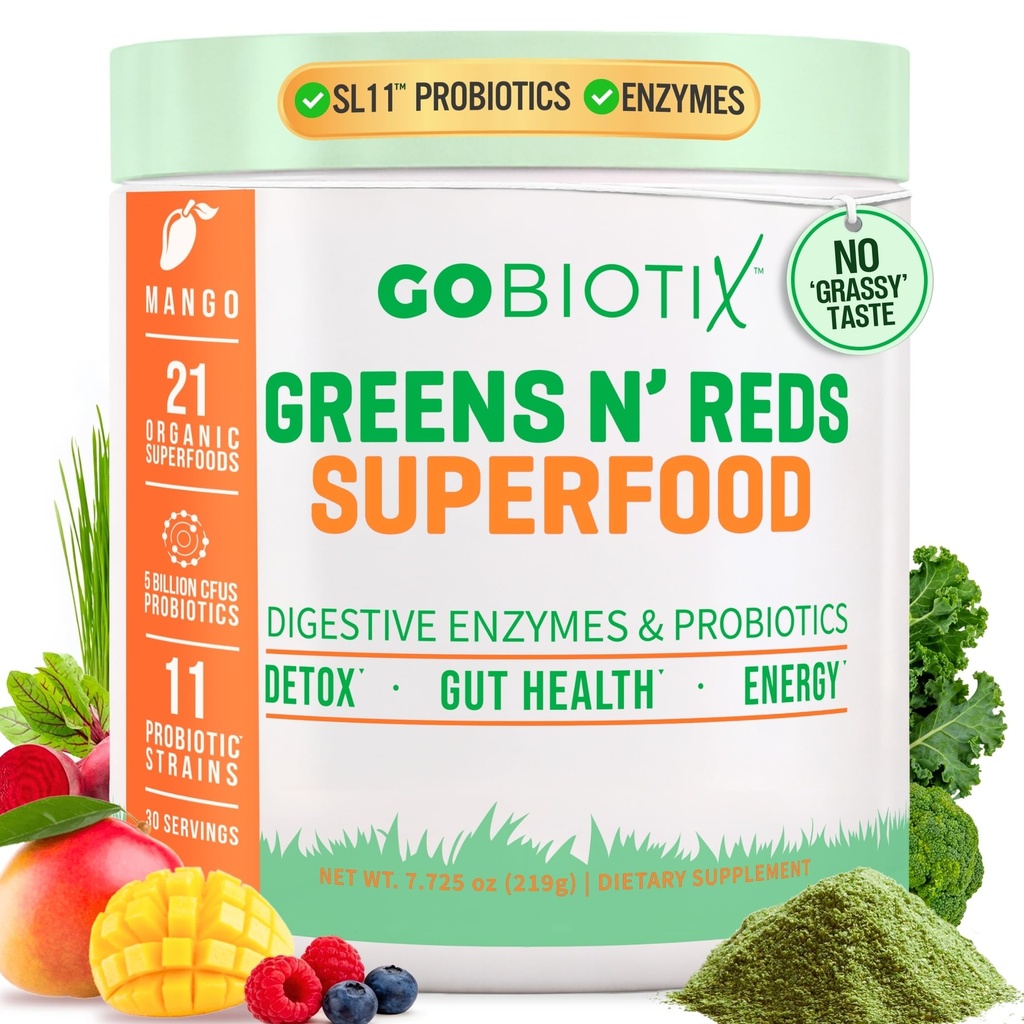 GOBIOTIX Super Greens and Reds Powder - Red and Green Superfood - Probiotic Suplement - Digetical Enzymes and Beet Root Powder - Organic Whole Foods Diet Supplemen (Mango, 1 Pack)