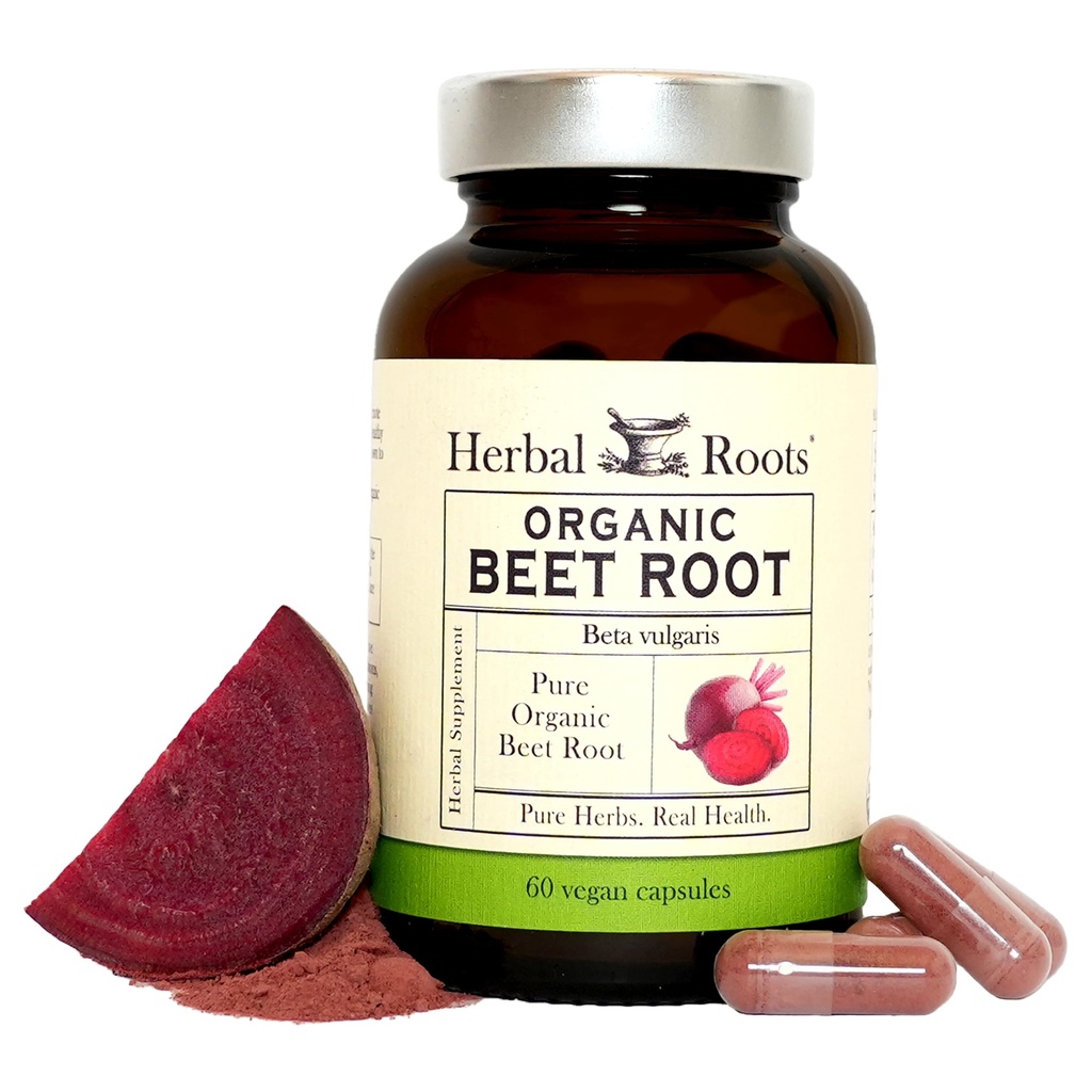 Herbal Roots Organic Beet Root Powder Capsules - 1.500mg per Serving - Sertifikasi USDA Organik - Non-GMO - 60 Count Vegan Capsules