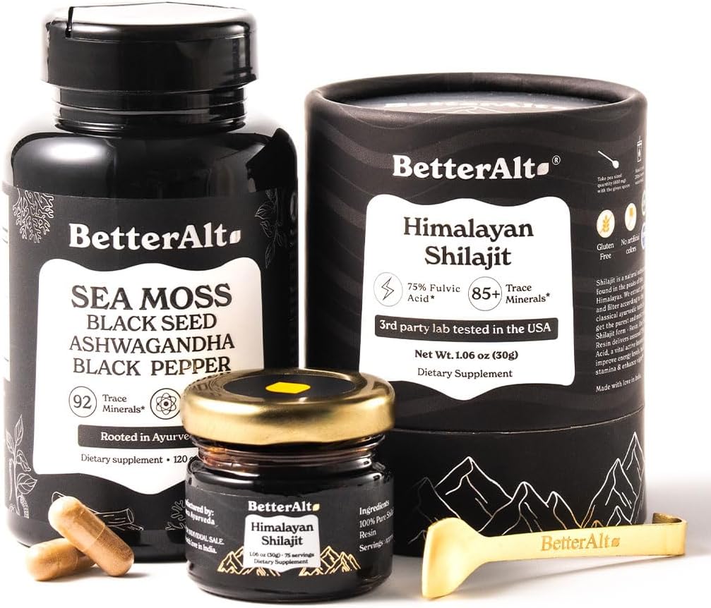 Lebih baik Alt Shilajit Resin 30 gram & Sea Moss Capsules Energy Duo 124; Pure Himalaya Shilajit Gold grade for Men & Women with High Potency & Irish Sea Moss with Black Seed Oil