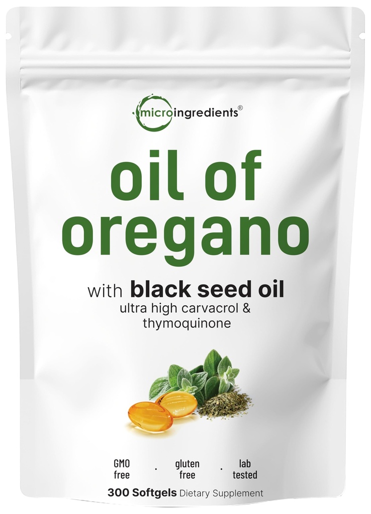 Mikro Ingredients Oil Oregano Softgeels, 300 Count 124; 2 in 1 Formulated with Black Eed Oil, 4X Power Carvacrol & Thymoquinone 124; Plant based, Non-GMO, & Imune Dupport