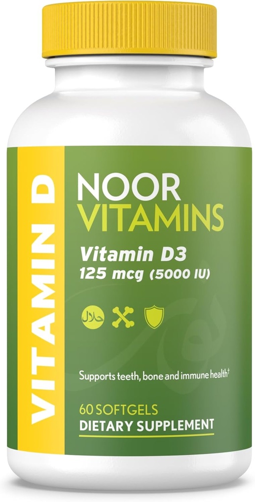 Noor Vitamin Halal Vitamin D, Halal Vitamin D3, 5000 IU Softgel, Suffels Support Bone, Ammune & Heart Health, from Safflower Oil to Maximize Absorpsi, Non-GMO, Gluten Free & Halal (60 Count)...