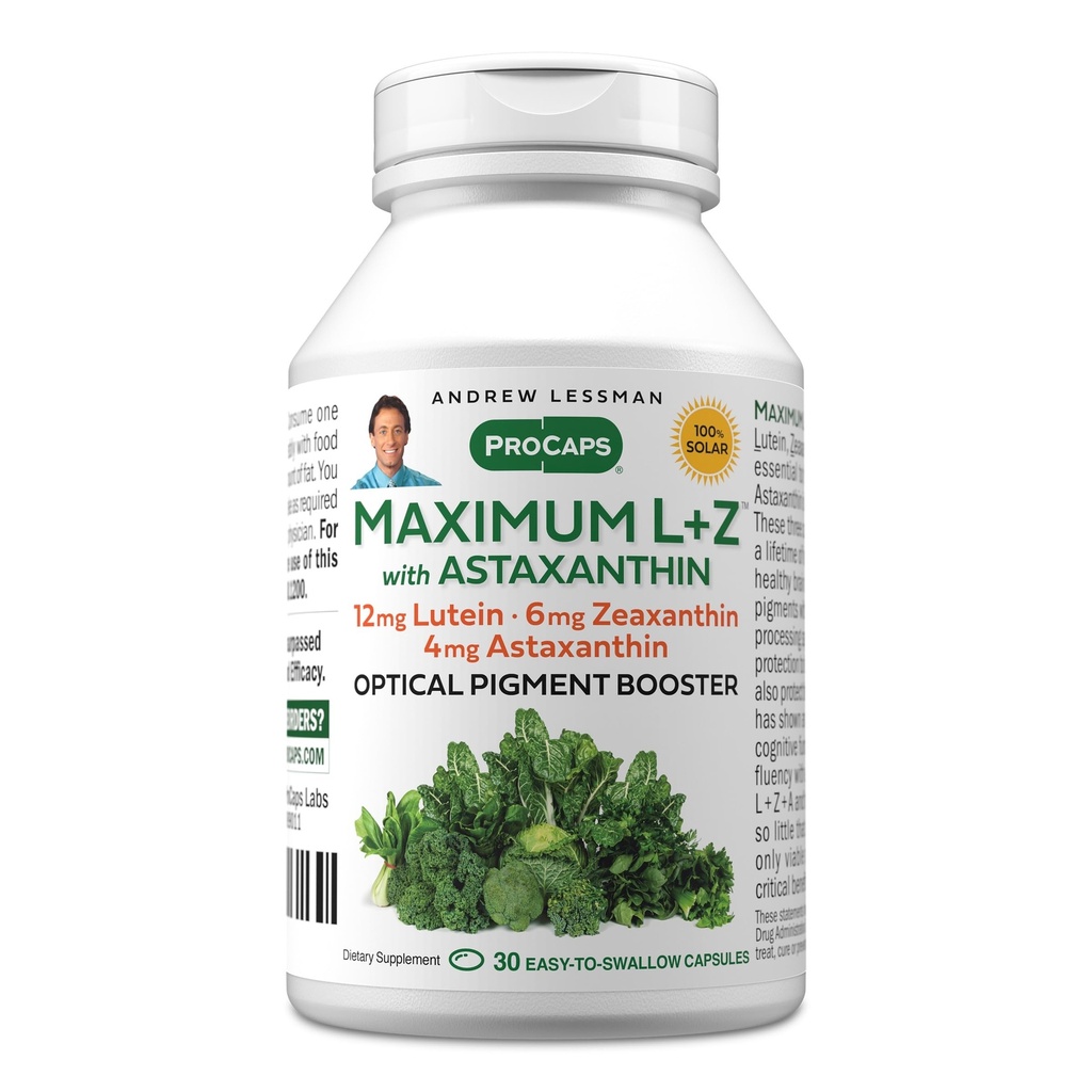 ANDREW LESSMAN Maksimum L + Z dengan Astaxanthin 30 Softgels - 12mg Lutein, 6mg Dalxanthin, 4mg Astaxanthin. Key Nutrients untuk Mendukung Kesehatan Mata dan Otak, dan Vision Sehat Proyektif.