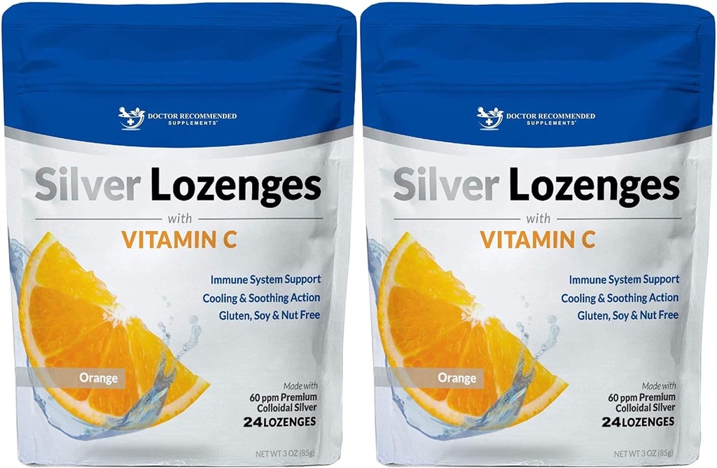 Silver Lozenges dengan Vitamin C - Premium Nano Silver 60 PPM Colloidal Silver, Organic Honey dan Vitamin C Mineral Drops untuk mendukung Imune System, Soothe Cough & Throat - Paket 2