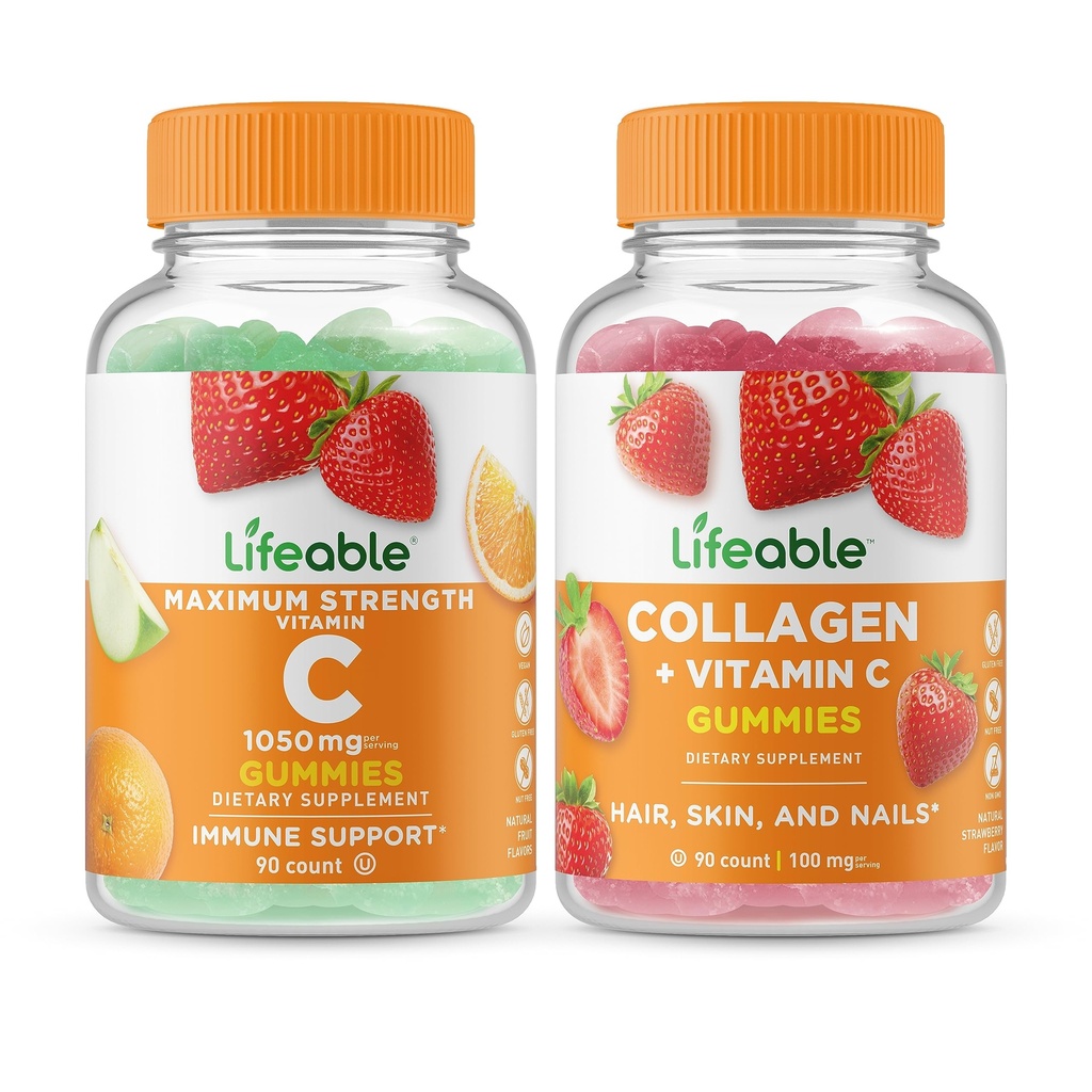 Lifeable Vitamin C 1050mg + Collagen & Vitamin C, Gummies Bundle - Great Tasting, Vitamin Suplemen, Gluten Bebas, GMO Bebas, Gummy Chewable
