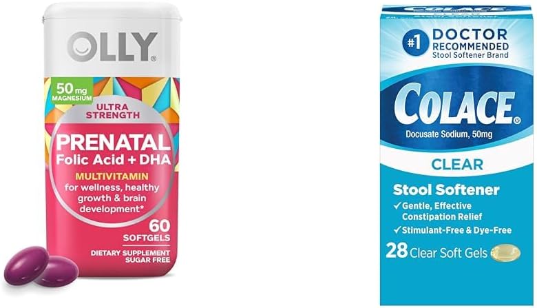 OLLY Ultra Power Prenatal Multivitamin Softgels with Brain Development + Colace Clear Softtener Capsules, 28 Count