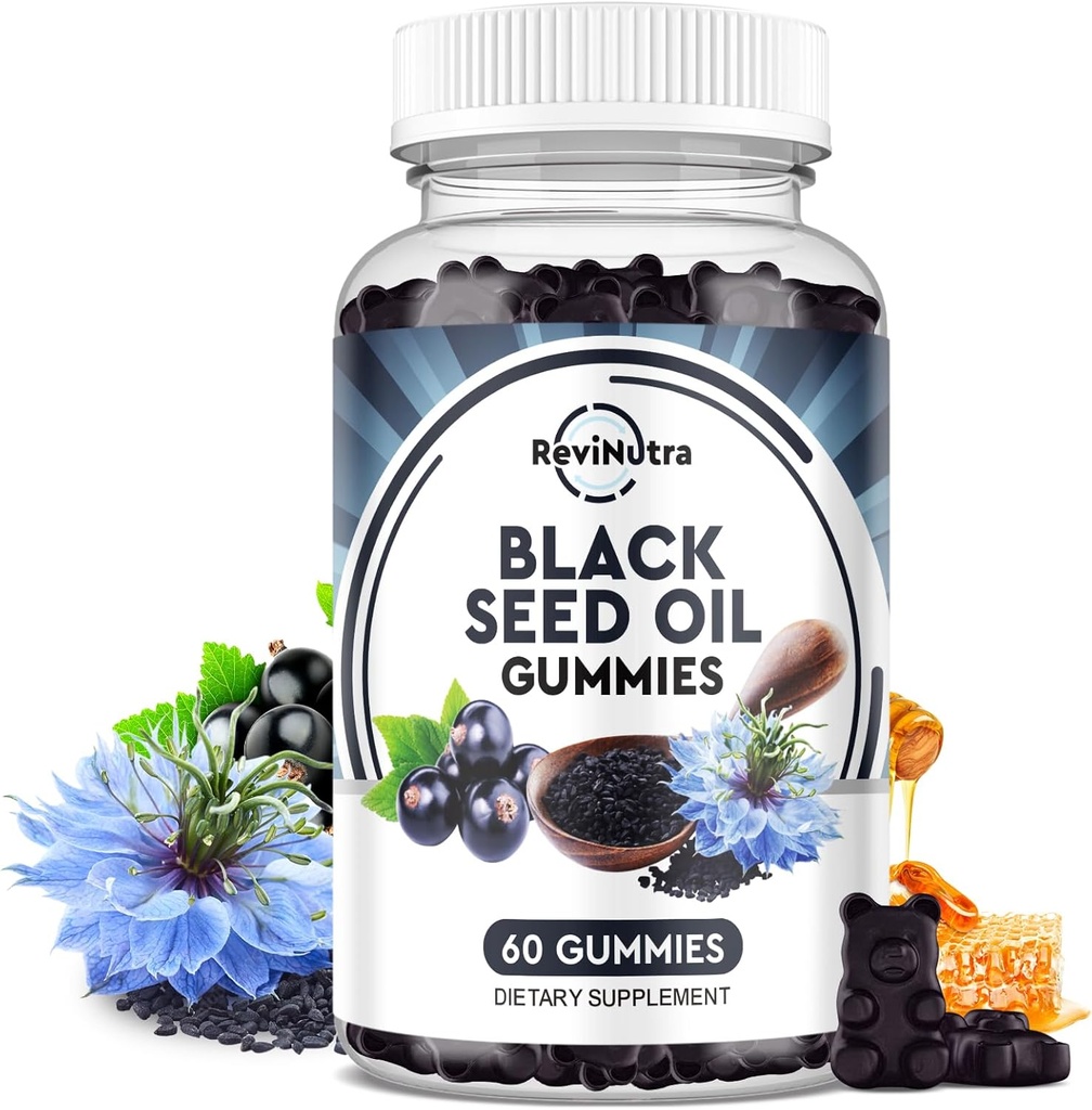 Gumies Minyak Benih Hitam - Komik Organ Dingin Menekan Nigella Sativa Benih Hitam dengan Madu, Vitamin B6, C, D3, Turmeric, Peconaciate, Dukungan kekebalan, Pengantaran, Fungsi Otak, Rambut & Kulit 60 Gummi